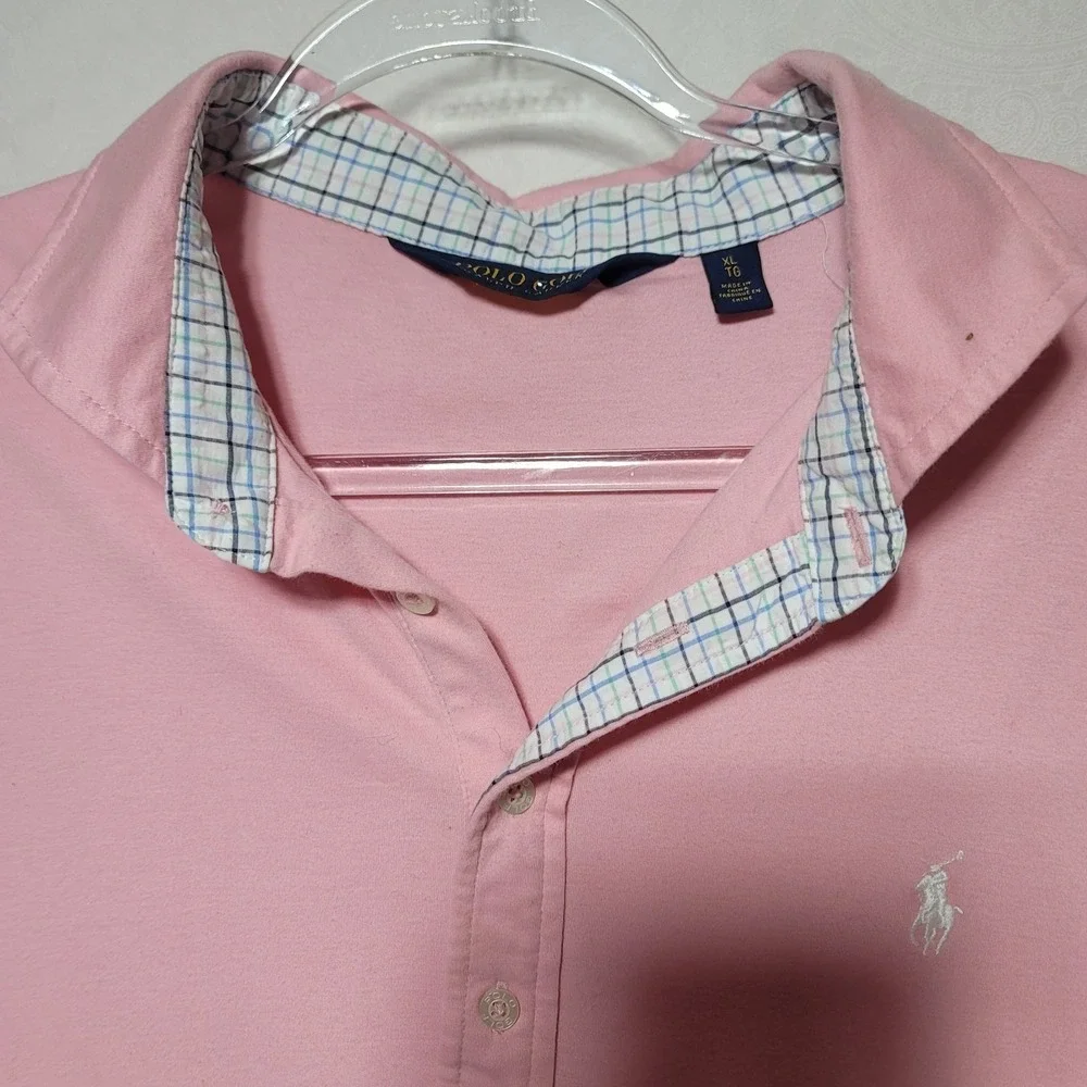 Polo Golf Ralph Lauren Mens XL Pink Short Sleeve Plaid Trim Polo Shirt